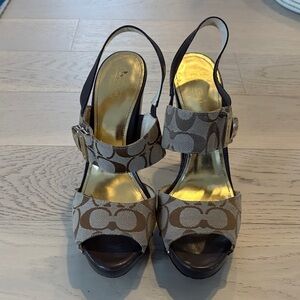 Coach Brown & Beige Signature Canvas Slingback Heels